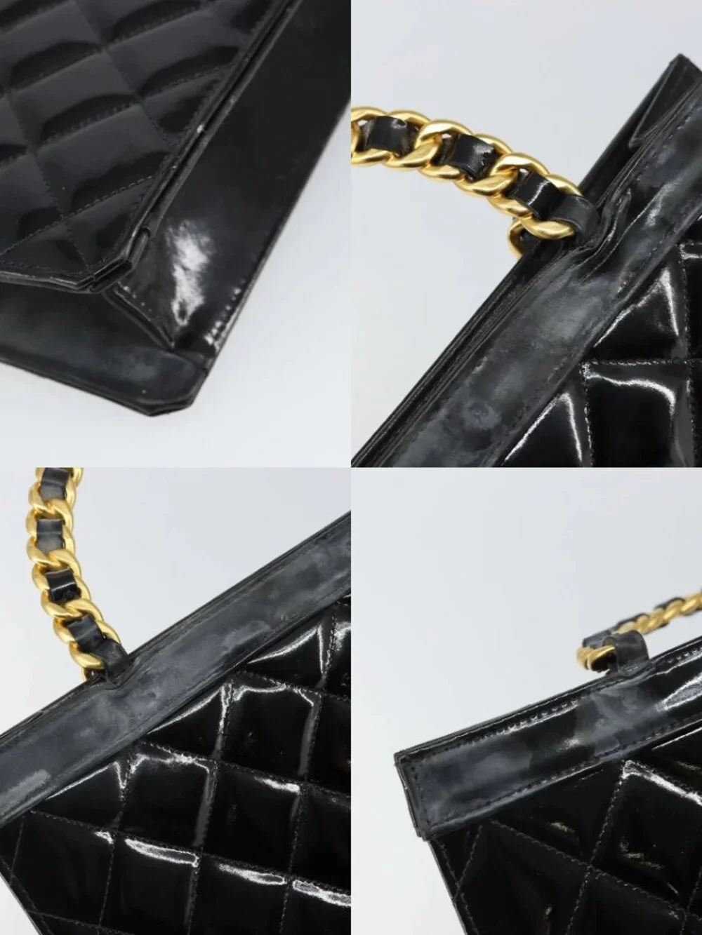 CHANEL Matelasse Hand Bag Patent leather Black Gold CC Auth BA9804